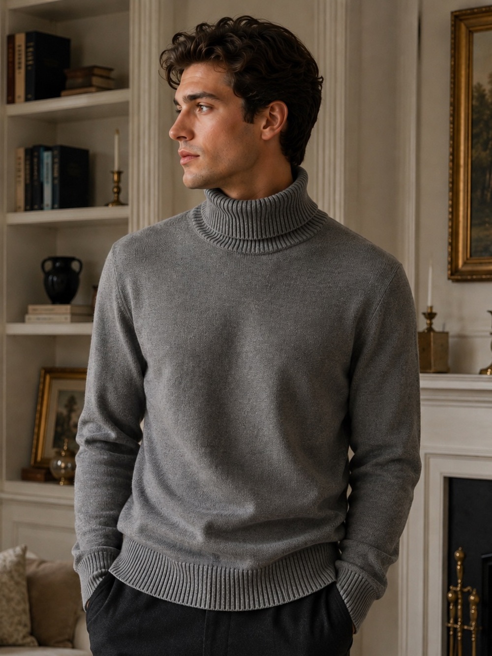 Merino Wool Blend Gray Turtleneck Sweater Men Large Minimalist Old Money Classic
